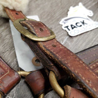 Triple Stitch Leather Halter, 2 Sheepskin Covers, nameplate *vgc, mnr dirt, older?, stains, creases, edge scrapes