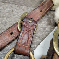 Triple Stitch Leather Halter, 2 Sheepskin Covers, nameplate *vgc, mnr dirt, older?, stains, creases, edge scrapes
