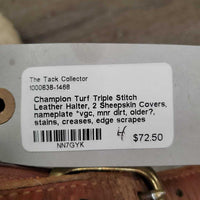 Triple Stitch Leather Halter, 2 Sheepskin Covers, nameplate *vgc, mnr dirt, older?, stains, creases, edge scrapes
