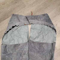 Thin Suede Full Western Chaps, scalloped edges, leather lace back *vgc, mnr rubs, dirt & stains
