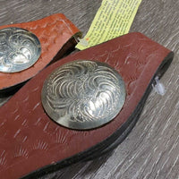 2 Basket Tooled Leather Slobber Straps, Conchos, tag *new, stains

