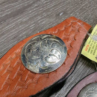 2 Basket Tooled Leather Slobber Straps, Conchos, tag *new, stains
