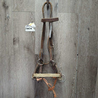 Leather Western Side Pull, Double Lariat Rope Nose, twine chin *gc/fair, dirt, residue, rusty, film,stiff, bent, trimmed/cut end, dry
