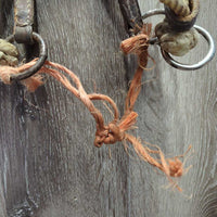 Leather Western Side Pull, Double Lariat Rope Nose, twine chin *gc/fair, dirt, residue, rusty, film,stiff, bent, trimmed/cut end, dry
