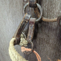 Leather Western Side Pull, Double Lariat Rope Nose, twine chin *gc/fair, dirt, residue, rusty, film,stiff, bent, trimmed/cut end, dry
