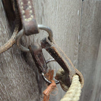 Leather Western Side Pull, Double Lariat Rope Nose, twine chin *gc/fair, dirt, residue, rusty, film,stiff, bent, trimmed/cut end, dry
