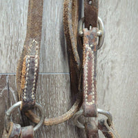 Leather Western Side Pull, Double Lariat Rope Nose, twine chin *gc/fair, dirt, residue, rusty, film,stiff, bent, trimmed/cut end, dry
