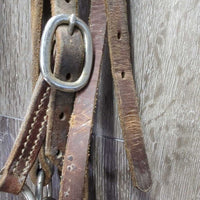 Leather Western Side Pull, Double Lariat Rope Nose, twine chin *gc/fair, dirt, residue, rusty, film,stiff, bent, trimmed/cut end, dry
