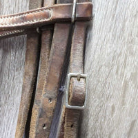 Leather Western Side Pull, Double Lariat Rope Nose, twine chin *gc/fair, dirt, residue, rusty, film,stiff, bent, trimmed/cut end, dry
