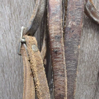 Leather Western Side Pull, Double Lariat Rope Nose, twine chin *gc/fair, dirt, residue, rusty, film,stiff, bent, trimmed/cut end, dry

