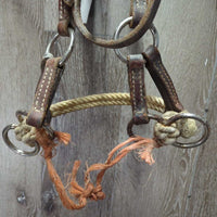 Leather Western Side Pull, Double Lariat Rope Nose, twine chin *gc/fair, dirt, residue, rusty, film,stiff, bent, trimmed/cut end, dry
