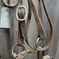 Leather Western Side Pull, Double Lariat Rope Nose, twine chin *gc/fair, dirt, residue, rusty, film,stiff, bent, trimmed/cut end, dry
