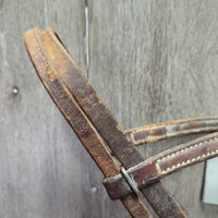 Leather Western Side Pull, Double Lariat Rope Nose, twine chin *gc/fair, dirt, residue, rusty, film,stiff, bent, trimmed/cut end, dry
