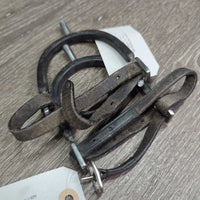 Pr Pow Spurs, rubber guards, Narrow Leather Spur Straps*gc, clean, rubs, faded, dirt, dents, twists

