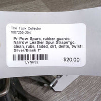 Pr Pow Spurs, rubber guards, Narrow Leather Spur Straps*gc, clean, rubs, faded, dirt, dents, twists
