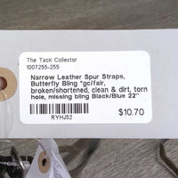 Narrow Leather Spur Straps, Butterfly Bling *gc/fair, broken/shortened, clean & dirt, torn hole, missing bling
