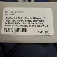 Lt Quilt Stable Blanket, 2 legs *gc, clean, older, shavings repairs, pilly, mnr threads, hair, seam pulls, snags, faded
