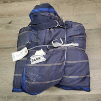 300g Stable Blanket, "JC", fleece collar, 2 legs *gc, clean, v. hairy, pilly, mnr dirt, hole, frays, faded, rubs, threads
