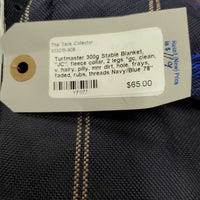 300g Stable Blanket, "JC", fleece collar, 2 legs *gc, clean, v. hairy, pilly, mnr dirt, hole, frays, faded, rubs, threads