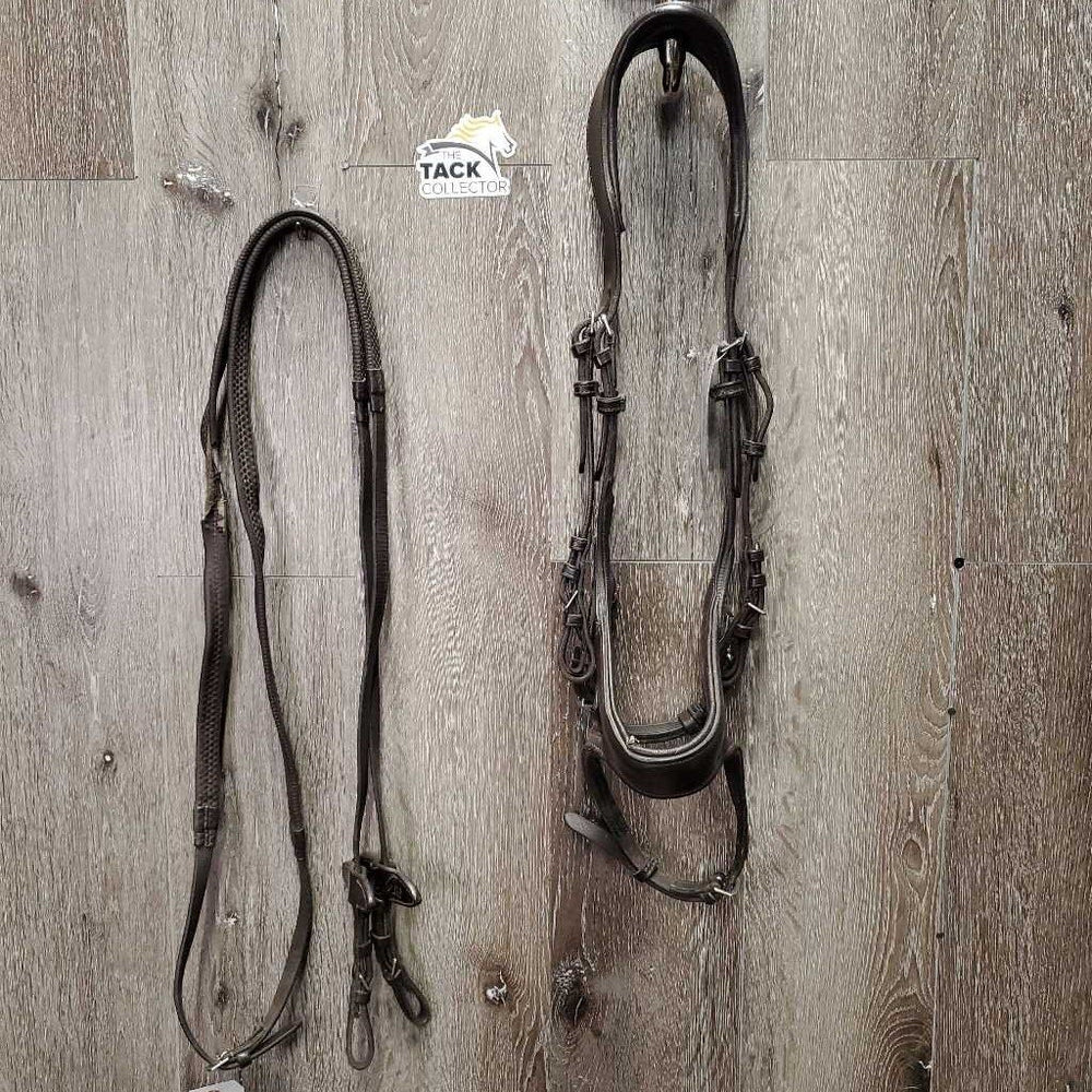 Padded Anatomical Bridle, Rubber Reins *vgc/gc, clean, mnr residue/film, v.loose keepers, No Brow, peeled rubber