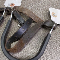 Rubber Edge Straight Spurs, Roller Buckle Leather Spur Straps *gc, clean, widened, scrapes, rubs, torn/stretched holes
