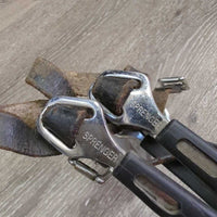 Rubber Edge Straight Spurs, Roller Buckle Leather Spur Straps *gc, clean, widened, scrapes, rubs, torn/stretched holes
