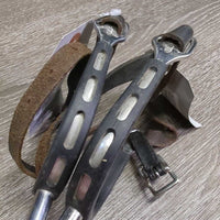 Rubber Edge Straight Spurs, Roller Buckle Leather Spur Straps *gc, clean, widened, scrapes, rubs, torn/stretched holes
