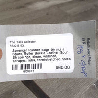 Rubber Edge Straight Spurs, Roller Buckle Leather Spur Straps *gc, clean, widened, scrapes, rubs, torn/stretched holes
