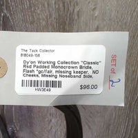 "Classic" Rsd Padded Monocrown Bridle, Flash *gc/fair, missing keeper, NO Cheeks, Missing Noseband Side, clean, scrapes
