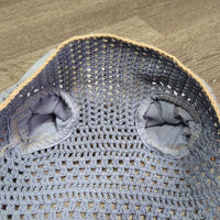 Crochet Fly Veil Ear Bonnet, piping *gc, clean, dingy?stains, curled edges, NO String, older, shrunk?puckers
