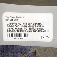 Crochet Fly Veil Ear Bonnet, piping *gc, clean, dingy?stains, curled edges, NO String, older, shrunk?puckers
