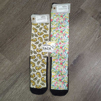 Tall Nylon Riding Socks "Pie & Flowers", Cotton Foot *gc, faded, rubs, hair, pills, clean
