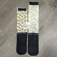 Tall Nylon Riding Socks "Pie & Flowers", Cotton Foot *gc, faded, rubs, hair, pills, clean
