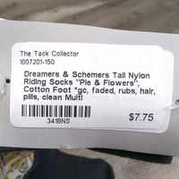 Tall Nylon Riding Socks "Pie & Flowers", Cotton Foot *gc, faded, rubs, hair, pills, clean

