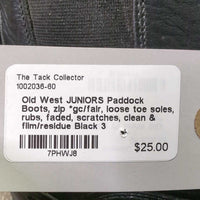 JUNIORS Paddock Boots, zip *gc/fair, loose toe soles, rubs, faded, scratches, clean & film/residue
