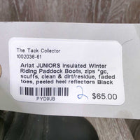 JUNIORS Insulated Winter Riding Paddock Boots, zips *gc, scuffs, clean & dirt/residue, faded toes, peeled heel reflectors
