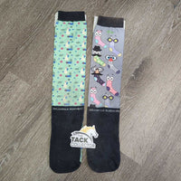 Tall Nylon Riding Socks "Socks & Shapes", cotton foot *gc, clean, rubs, faded, pills, stains
