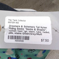 Tall Nylon Riding Socks "Socks & Shapes", cotton foot *gc, clean, rubs, faded, pills, stains

