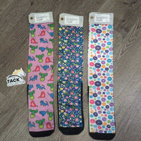 Pr + 1 (3) Tall Nylon Riding Socks "Cats, Flowers, Horses", Cotton Foot **gc, mnr pills, stretched
