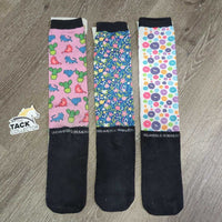 Pr + 1 (3) Tall Nylon Riding Socks "Cats, Flowers, Horses", Cotton Foot **gc, mnr pills, stretched
