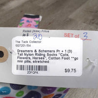 Pr + 1 (3) Tall Nylon Riding Socks "Cats, Flowers, Horses", Cotton Foot **gc, mnr pills, stretched
