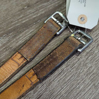 Narrow Stirrup Leathers *gc/fair, older, dents, dirt, rubs,mnr undone stitching, xholes, scrapes, stains, scratches
