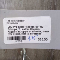 Peacock Safety Stirrups, 2 Leather Keepers *vgc/xc, NO grips or Elastics, clean, mnr stains, rubs & scratches
