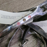 Round End Spurs, Bling Sides, Leather Spur Straps *gc/fair, missing bling, mnr dirt, rubs, scrapes & scratches, widened, xholes, mnr stretched
