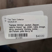 Winter Jacket, Zipper, velcro Hood *gc, older, rubs, snags, dirty pockets, clumpy collar, dirt?stain, pills
