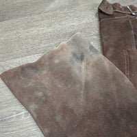 Full Suede Chaps *gc, stained, discolored, hair, dirty/stiff bottom, older
