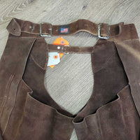 Full Suede Chaps *gc, stained, discolored, hair, dirty/stiff bottom, older
