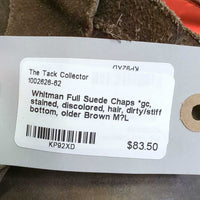 Full Suede Chaps *gc, stained, discolored, hair, dirty/stiff bottom, older
