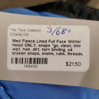 Med Fleece Lined Full Face Winter Hood ONLY, snaps *gc, clean, mnr wpf, hair, dirt, torn binding, x4 broken snaps, stains, rubs, threads, unstitched
