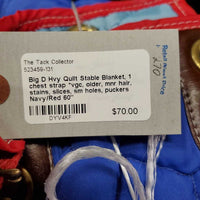 Hvy Quilt Stable Blanket, 1 chest strap *vgc, older, mnr hair, stains, slices, sm holes, puckers
